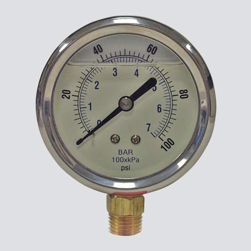 2-1/2" 100 PSI Glycerine Filled Pressure Gauge — 1/4" Male Pipe Thread Lower Mount